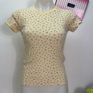 🔥PINK Victoria's Secret Yellow Patterned Short Sleeve Tee Sz M NWT